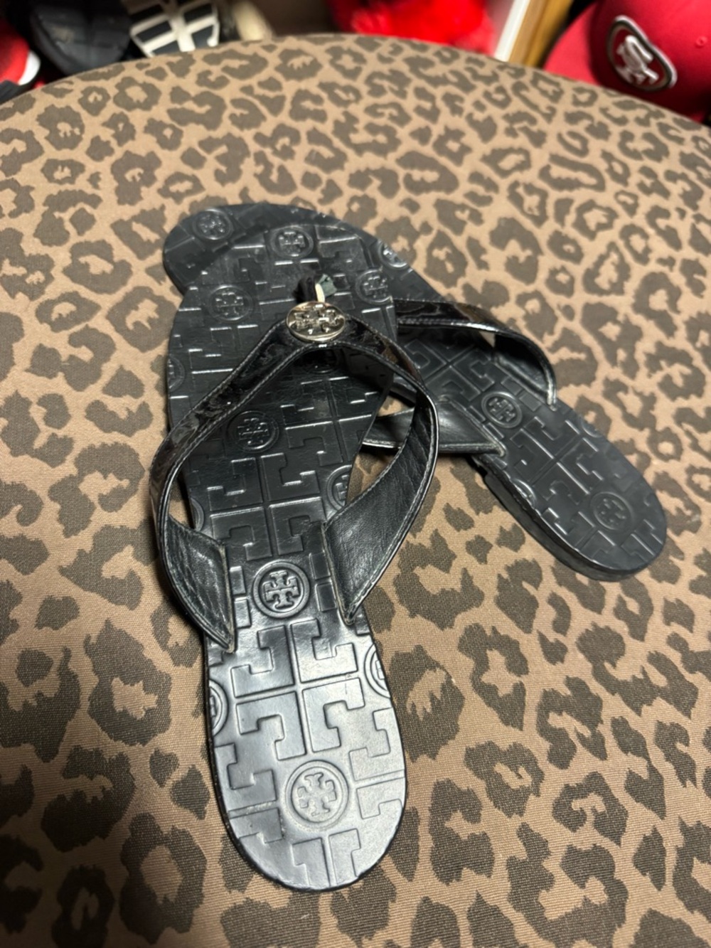 Tory Burch Black Logo-Embossed Leather Flip Flops